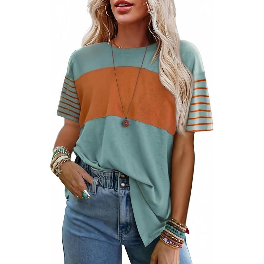 SHEWIN Womens Shirts Casual Short Sleeve Tshirt Loose Crewneck Color Block Tee